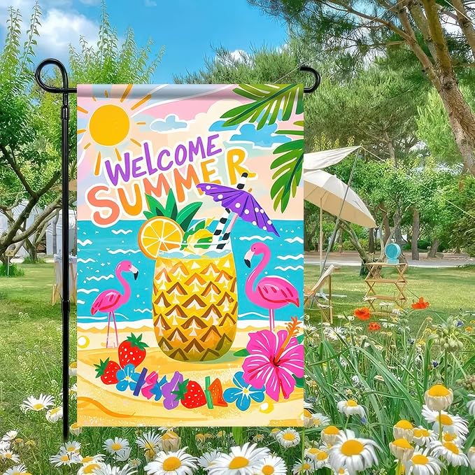 Welcome Summer Garden Flag 12x18 Double Sided Flamingo Sunshine Hawaii Tropical Beach Holiday Garden Flags Welcome Summer Tropical Ocean Sea Yard Flag for Seasonal Outdoor Party Decoration