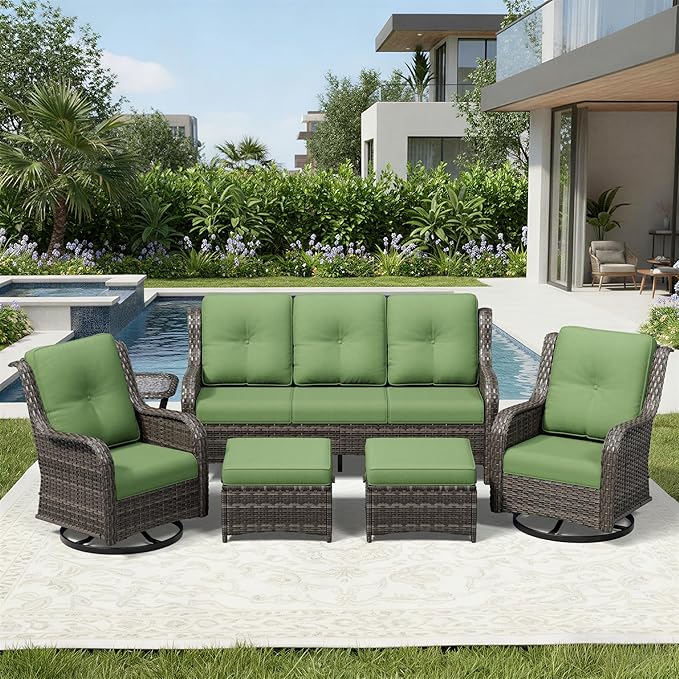 Joyside 6 Piece Wicker Patio Furniture Set, Outdoor Swivel Rocker Patio Chairs with High Back, Deep Seating, Wide Armrest, Thickened Cushions, Outdoor Furniture for Deck, Porch Use