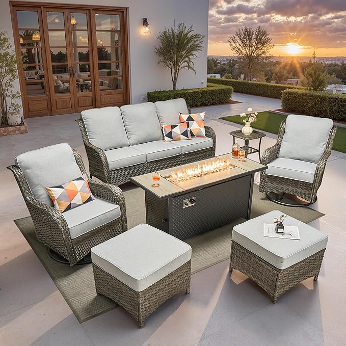 ovios 7 Pieces Patio Furniture Set, Outdoor Wicker Sofa Couch with Swivel Chairs 54" Fire Pit Table, High Back Modern All Weather Conversation Sets, Grey Rattan, Grey