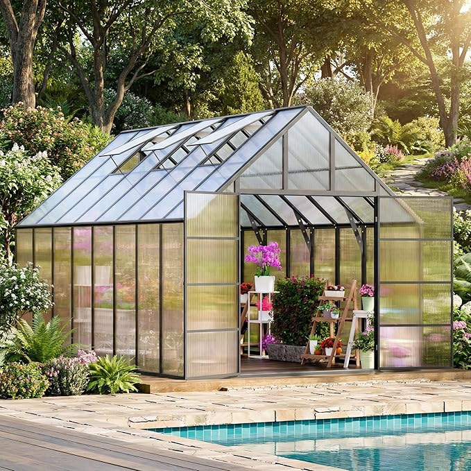 10*16 FT Aluminum-Framed Greenhouses for Outdoors Heavy Duty, Polycarbonate Greenhouse with Quick Setup Structure and Double Door, Walk-in Greenhouse kit for Garden & Backyard