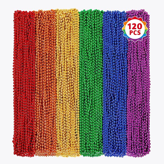 120 PCS Pride Beads Necklace, 33" Rainbow Bead Necklaces Bulk, Plastic LGBT Beads Necklace Metallic Pride Stuff Pride Month Parade Costume Accessories 6 Colors Gay Lesbian Party Supplies