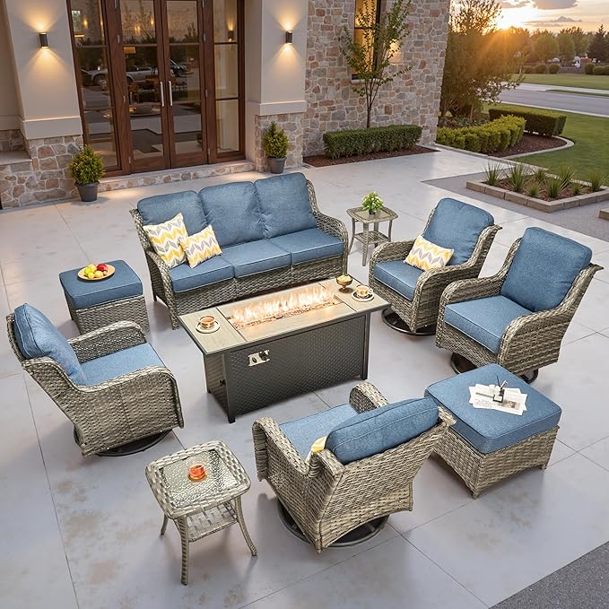 ovios 10 Pieces Patio Furniture Set, Outdoor Wicker Sofa Couch with Swivel Chairs 54" Fire Pit Table, High Back Modern All Weather Conversation Sets, Grey Rattan, Denim Blue