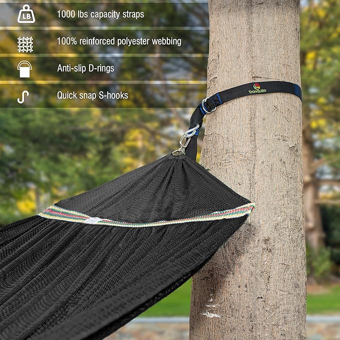 Tranquillo Hanging Hammock Chair, Patio Swing Chair, Outdoor Swing Chair with Headrest, Armrest, Cup Holders, Porch Swings Outdoor and Hammock Tree Straps, Moss Green (Black)