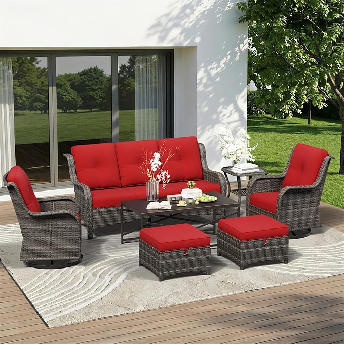 7 Piece Outdoor Wicker Patio Furniture Set, Outdoor Swivel Rocker Patio Chairs Set with Thickened Olefin Cushions, High Back and Deep Seating, Hand-Woven PE Rattan for Porch, Deck