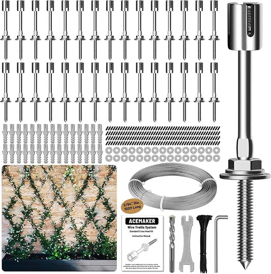 Acemaker Wire Trellis for Climbing Plants Outdoor, 30-Set Wall Wire Trellis Kit with 5/64"(2mm) x 150ft Stainless Steel Cable, T316 Espalier System for Fence and Garden DIY Projects