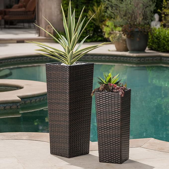32"H Outdoor Rattan Flower Pots Set of 2,Patio Wicker All-Weather Planter Set,Rattan Plant Pots with Iron Frame for Herb Garden,or Indoor Decor,Large & Small Sizes, No Assembly Required Brown