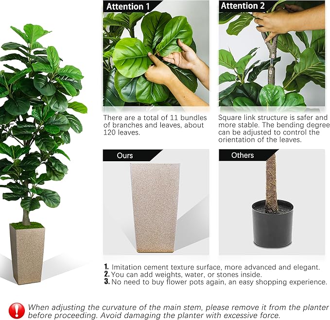 KOPWVA Artificial Fiddle Leaf Fig Tree 6ft, 6 Feet Large Tall Fake Plants Indoor with Modern Style Planter, Artificial Silk Tree for Home Office Living Room Decor Indoor, Lifelike & Lush (Champagne)