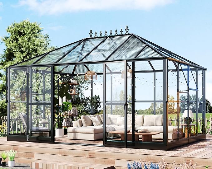 HOWE 14x9.5x9 FT Pavilion Styled Greenhouse with Clear Panels Double Swing Doors, 6 FT Wall Height Hybrid Polycarbonate Greenhouse, Green Houses for Outdoors, Sunroom Black