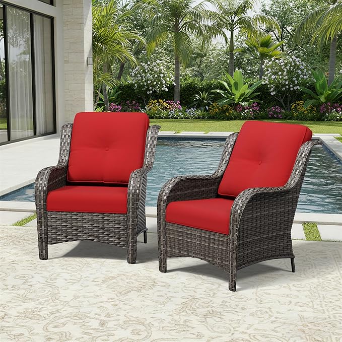 Joyside Patio Chairs Set of 2, Wicker Patio Furniture with High Back, Deep Seating, Wide Armrest, Thickened Cushions, Outdoor Rattan Furniture for Deck, Porch Use