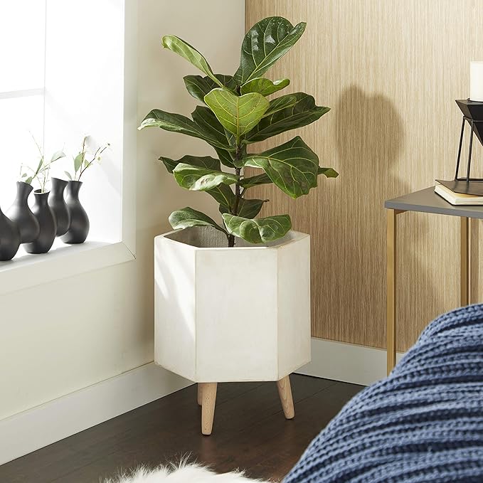 CosmoLiving by Cosmopolitan Magnesium Oxide Geometric Indoor Outdoor Planter Hexagon Large Planter Pot with Brown Wooden Legs, Set of 2 Planters 15", 17"H, White