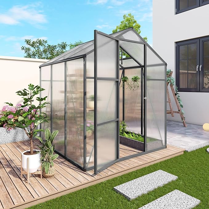 6x6 FT Greenhouse,Outdoor Greenhouse W/ Roof Vent,Walk-in Aluminum Polycarbonate Green House W/ Drainage System & Ground Nails,Green Houses for Outside Garden,Backyard,Patio,Lawn,Black