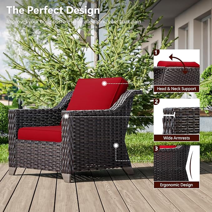 Wicker Patio Chairs Set of 2, Luxury Rattan Patio Furniture with Wide Armrest, Thickened Cushions, Outdoor Chairs for Deck, Porch Use