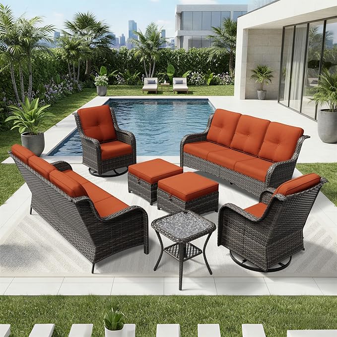 Joyside 7 Piece Wicker Patio Furniture Set, Outdoor Swivel Rocker Patio Chairs with High Back, Deep Seating, Wide Armrest, Thickened Cushions, Outdoor Furniture for Deck, Porch Use