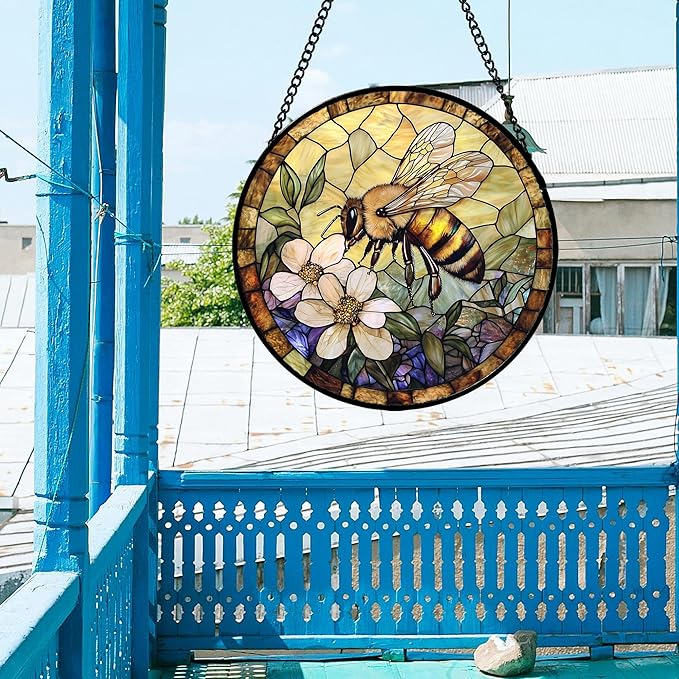 AMDERVEN Stained Glass Window Hanging, Vintage Bee Yellow Flower Sun Catcher for Window Door Home Decor Suncatcher Christmas Mother's Day Birthday Gifts for Women Men Mom and Nana 11.8 in