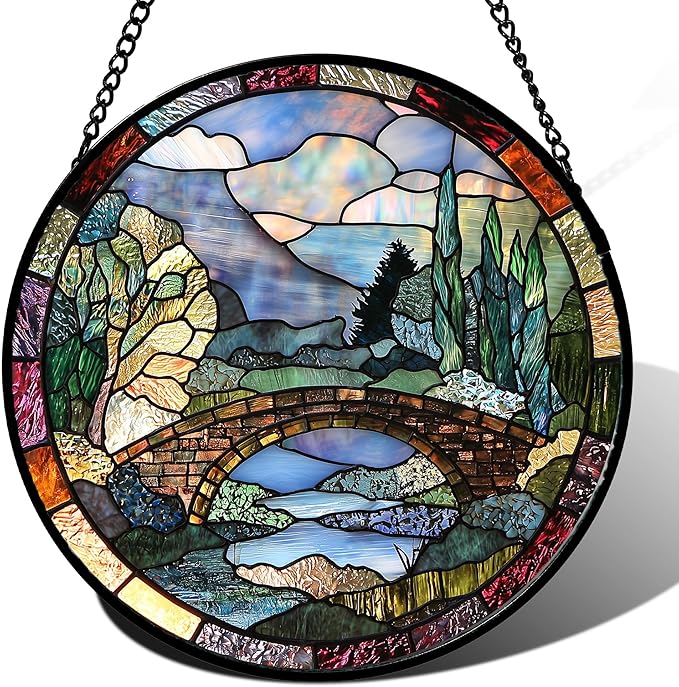 AMDERVEN Stained Glass Window Hanging, Blue Landscape Arch Bridge Sun Catcher for Door Home Decor Suncatcher Christmas Mother's Day Birthday Gifts for Women Men Mom and Nana 7.8 in