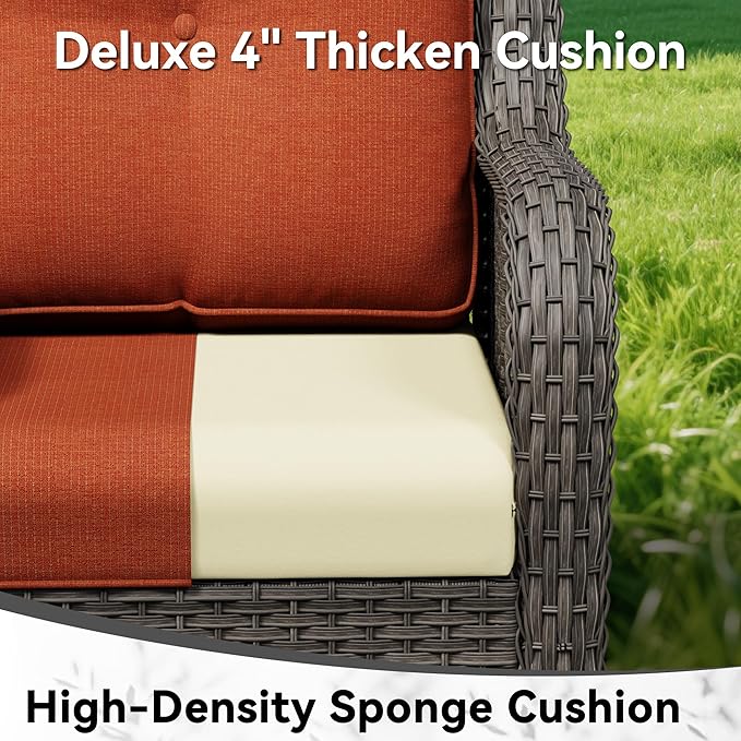 7 Piece Outdoor Wicker Patio Furniture Set, Patio Chairs Set with Thickened Olefin Cushions, High Back and Deep Seating, Hand-Woven PE Rattan, Ottoman for Porch, Deck