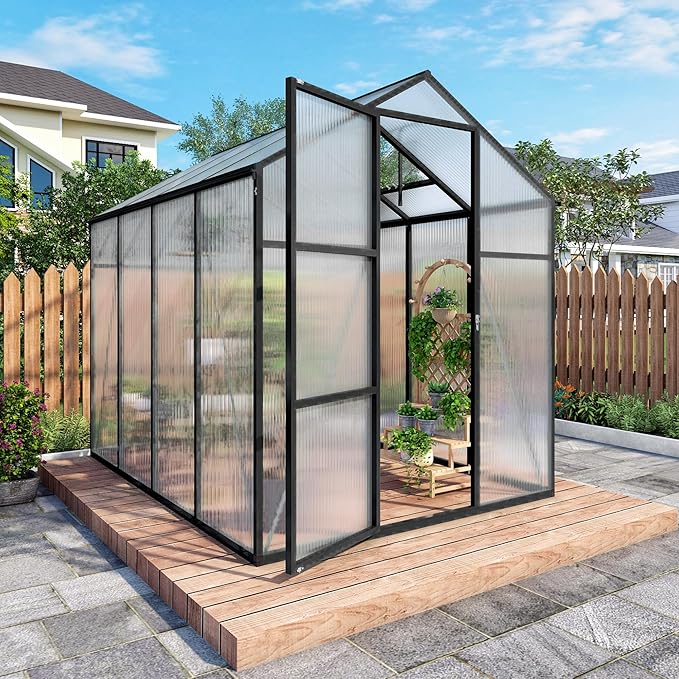 7.2FT High 6.1*8.1FT Greenhouse for Outdoors, Polycarbonate Greenhouse with Stronger Wind Protection and Roof Vent,Walk-in Large Aluminum Sunroom Winter Proof,Black