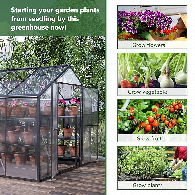 8x12 FT Greenhouses for Outdoor, Heavy Duty Polycarbonate Greenhouse,Large Walk-in Garden Green House with Double Doors and Two Ventilation Windows for Outside, Backyard,Black