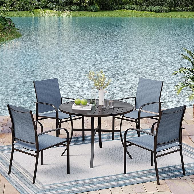 Patio Dining Chairs Set of 6, Blue Outdoor Textilene Dining Chairs, Patio Furniture Chairs with Armrest