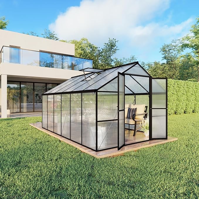 8X12 FT Polycarbonate Greenhouse, 6 FT Height Aluminum Large Green Houses for Outside Heavy Duty, Quick Setup Walk in Greenhouses with 2 Roof Vent and Rain Gutter for Outdoor, Black (143"Wx96"Dx77"H)