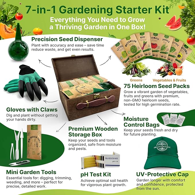 75 Vegetable & Greens Seeds Variety Pack, Garden Seed Starter Kit - Over 44,700 Non-GMO Heirloom Seeds for Planting Vegetables and Greens, Seed Box with Gardening Supplies, Survival Kit
