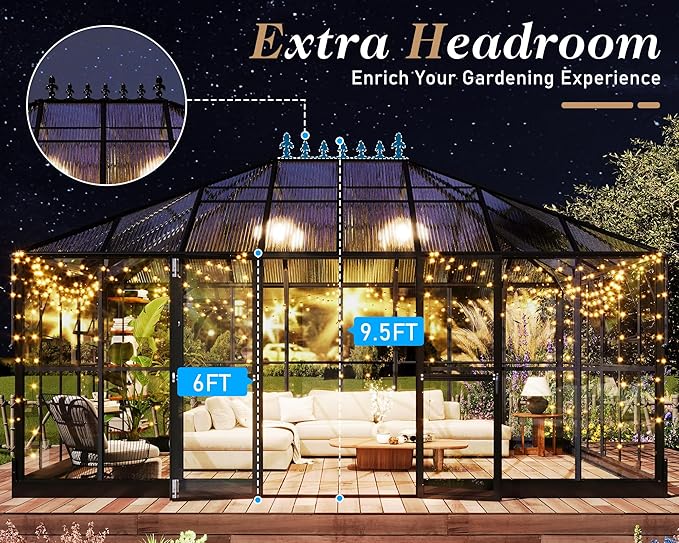 HOWE 16x12x9.5 FT Pavilion Styled Greenhouse with Clear Panels Double Swing Doors, 4 Vents Hybrid Polycarbonate Greenhouse, Green Houses for Outdoors, Sunroom Black