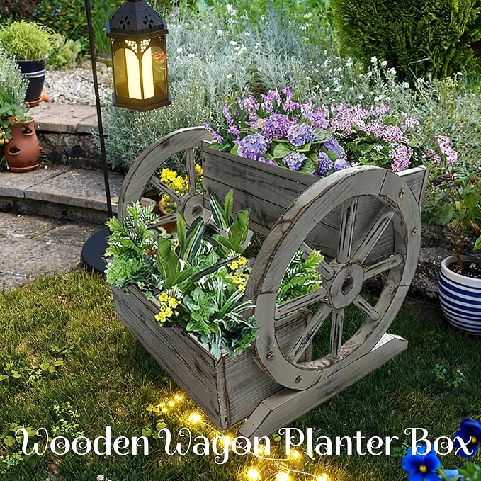 NestNature Wooden Wagon Planter Box,Raised Garden Bed,Decorative Garden Planters with Wheels-Outside Flower Pots for Indoor/Outdoor Décor Plants (Antique White)