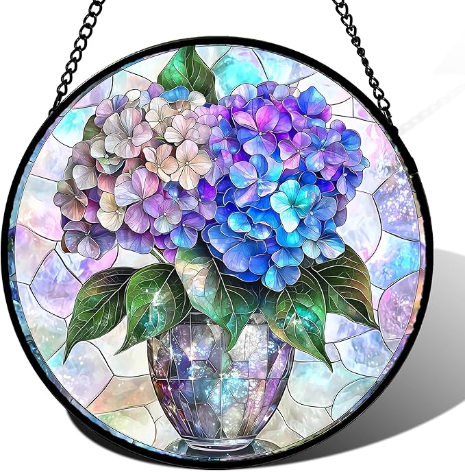 HWRHTR Stained Glass Window Hanging, Blue Purple Hydrangea Flowerpot Suncatcher for Doors Home Sun Catchers Decoration and Christmas, Mother's Day Birthday Gifts for Women, Men, and Mom 11.8 in