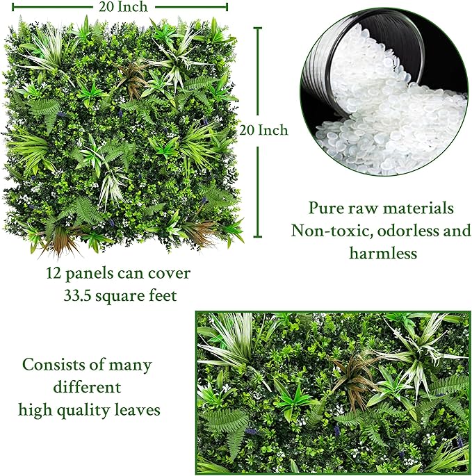ODTORY Artificial Boxwood Topiary Hedges Panels: 20'' x 20'' 12P UV-Protected Privacy Faux Grass Backdrop Fence Screen for Patio, Balcony, Garden, Backyard Indoor Outdoor Green Wall Decor