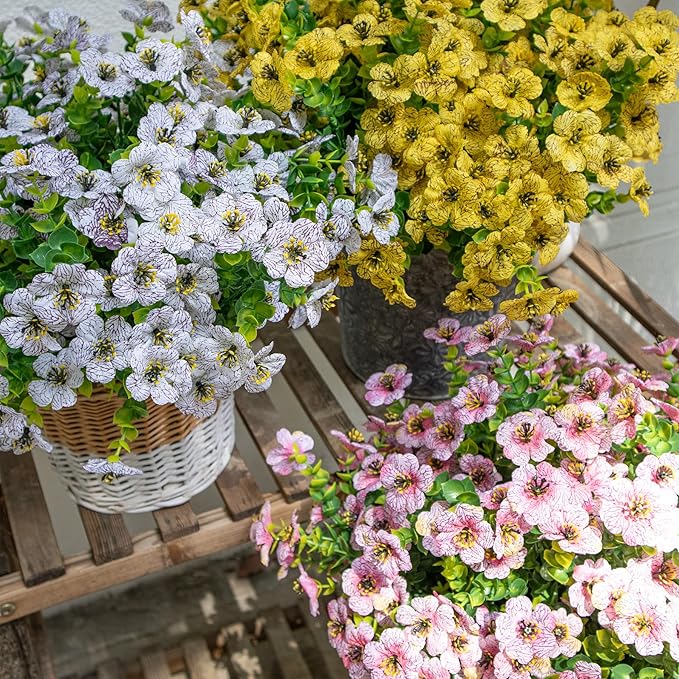 BCBLF Faux Flowers for Outdoor Planters, Artificial Flowers for Outdoors, 12 Bundles Outdoor Indoor Uv Resistant, Artificial Flowers for Decoration, White Silk Faux Spring Flowers for Outside, Purple