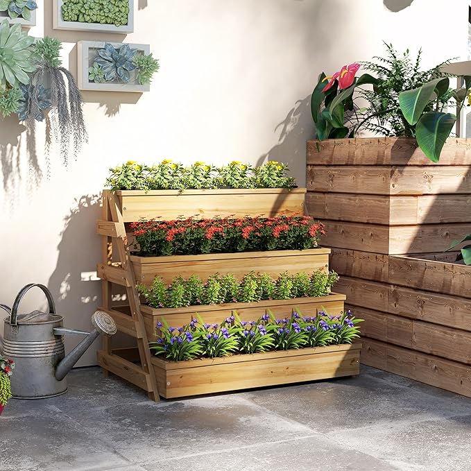 Outsunny 4 Tier Raised Garden Bed with Drainage Holes, Vertical Wooden Planter Box Freestanding Garden Bed with Bed Liner, Outdoor Planter Box for Garden, Patio, Balcony