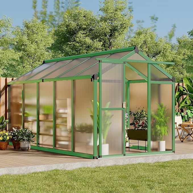 6X10 FT Greenhouse, Polycarbonate Garden Greenhouse for Outdoors,Aluminum Frame Green House with Lockable Door and Adjustable Roof Vent, Ideal for Backyard Patio and Outside Growing