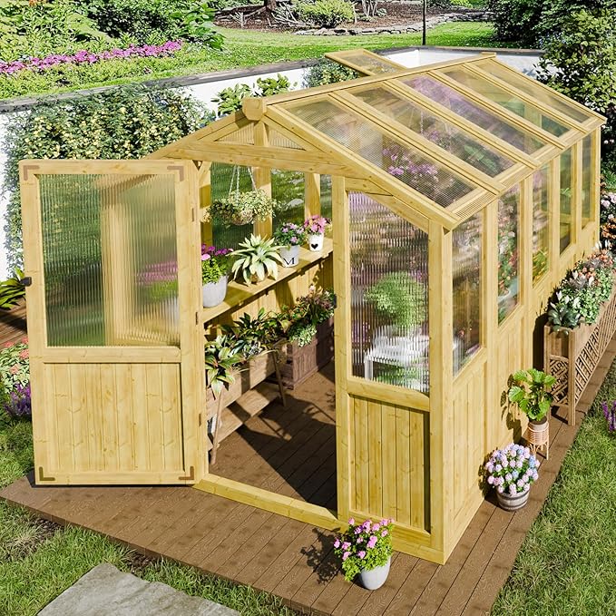 6x8 FT Wood Greenhouses for Outdoors Heavy Duty, Outdoor Greenhouse Kit with Adjustable Roof Vent and Reinforced Panels, Walk in Polycarbonate Greenhouse for Outside Backyard Garden Yard, Natural