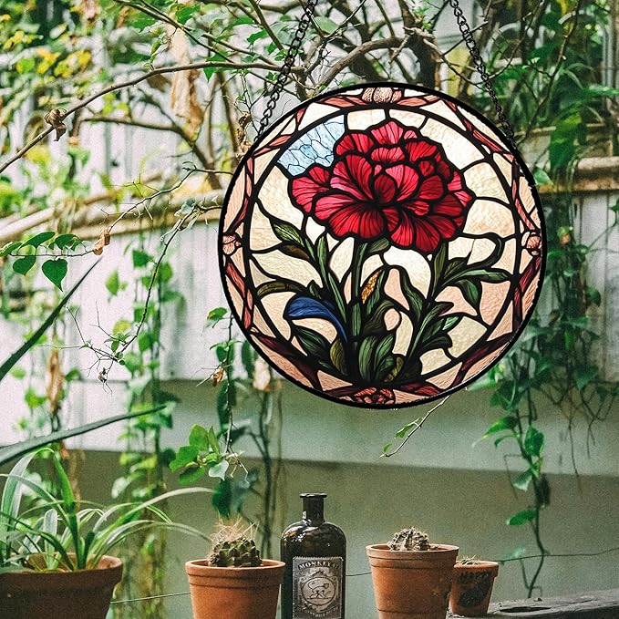 AMDERVEN Stained Glass Window Hanging - Red Carnation Birth Flower Sun Catcher for Door Garden Home Decor Suncatcher Christmas Mother's Day Birthday Gifts for Women Men Mom Nana Friend Wife 11.8 in