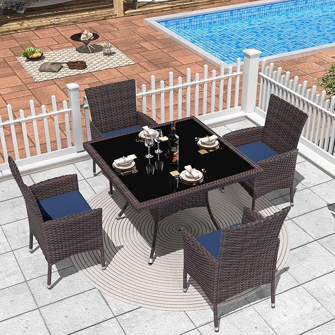 5 Piece Outdoor Dining Set,Rattan Patio Conversation Set of 4 Chairs,Patio Dining Table and Chairs w/Cushions,Square Glass Tabletop,Umbrella Cutout for Patio,NavyBlue