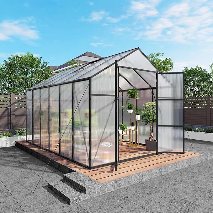 8x12T Greenhouse,Outdoor Polycarbonate Greenhouse with Roof Vent & Drainage System,Heavy Duty Aluminum Walk-in Green Houses for Outside Garden Backyard,Easy Assembly,Black