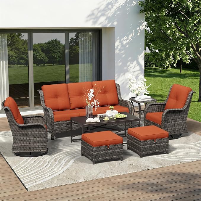7 Piece Outdoor Wicker Patio Furniture Set, Outdoor Swivel Rocker Patio Chairs Set with Thickened Olefin Cushions, High Back and Deep Seating, Hand-Woven PE Rattan for Porch, Deck