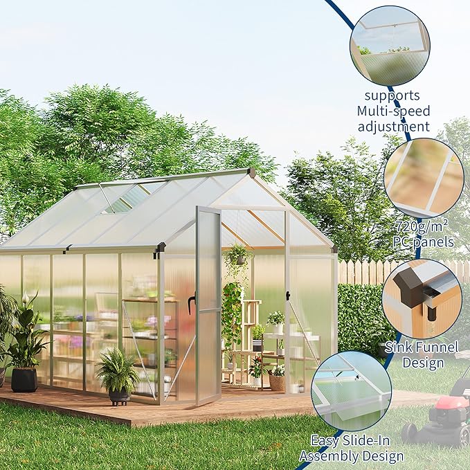 6x10 FT Greenhouse, Greenhouses for Outside, Polycarbonate Greenhouse with Aluminum Frame, Lockable Door and Ajustable Roof Vent for Backyard, Green Houses for Outside Garden Backyard, Patio