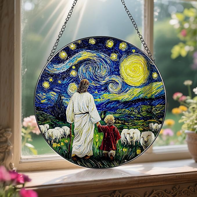 8 Inches Jesus with Child Stained Glass Suncatcher, Window Hanging Home Decor, Starry Night Ornament, Christian Gift, Religious Gifts for Her or Him, Gifts for Christmas