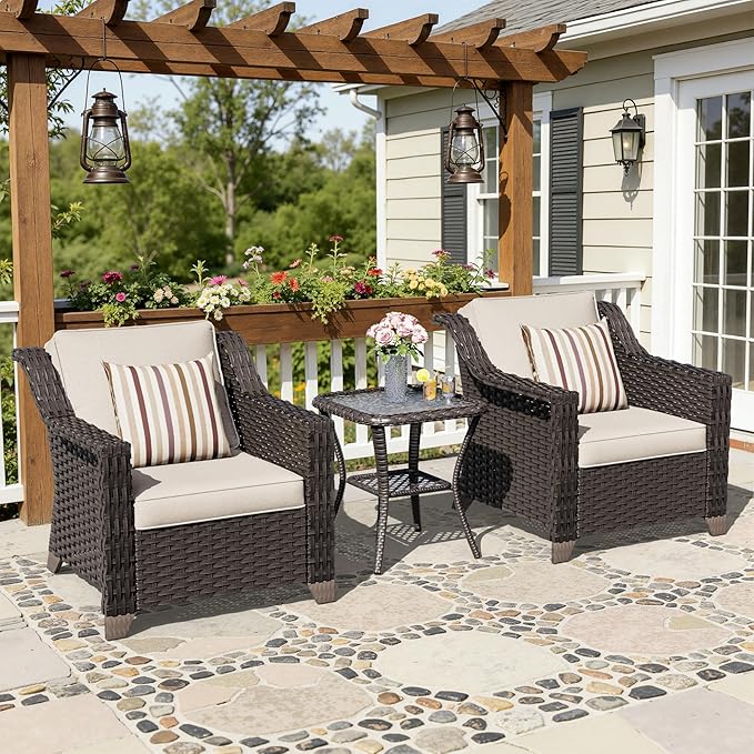 3 Pieces Patio Conversation Furniture Set - 2 Armchairs, 1 Side Table, Outdoor Wicker Furniture with Removable Cushions for Porch, Balcony, Deck, Sunroom (Beige)