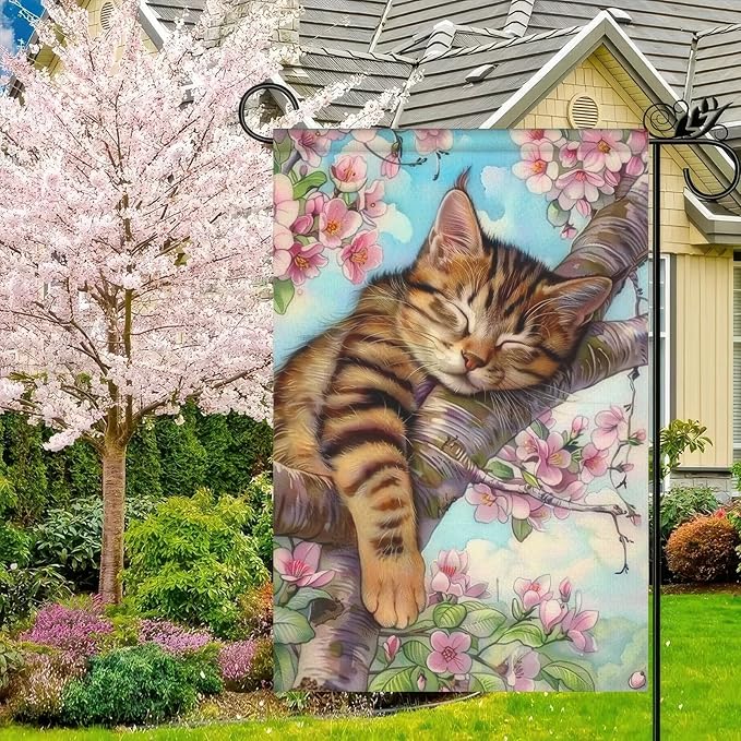 Spring Garden Flag 12x18 Double-Sided Spring Outdoor Decor Cat in Blooming Cherry Blossoms Springs Flag For Outside for Outdoor DecorationYard and Porch