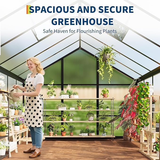8X10 FT Greenhouse for Outdoors, Polycarbonate Flower Greenhouse with Roof Vent, Push-Pull Lockable Door, Aluminum Walk-in Greenhouses for Outside Garden Backyard, Patio, Lawn, Black