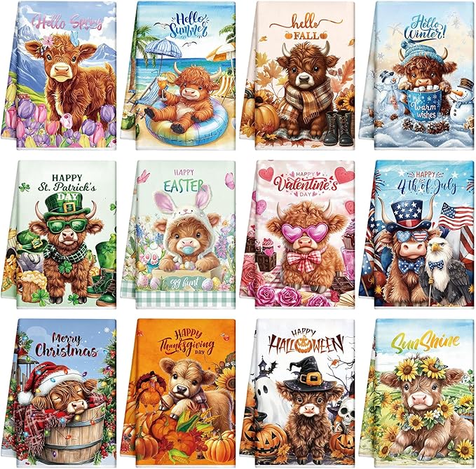 Peryiter 12 Pcs Seasonal Kitchen Towels Set for All Holidays, Seasonal Hand Dish Tea Towels Bulk Valentine's Day Absorbent Dishcloths Housewarming Gift for Cooking Kitchen Bathroom(Highland Cow)