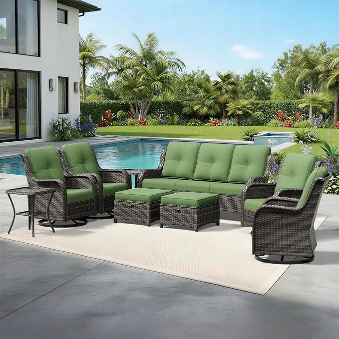 Joyside 9 Piece Wicker Patio Furniture Set, Outdoor Swivel Rocker Patio Chairs with High Back, Deep Seating, Wide Armrest, Thickened Cushions, Outdoor Furniture for Deck, Porch Use