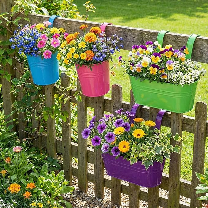 Romooa 16 Pcs Hanging Flower Pots Planters for Outdoor Metal Iron Wall Flower Planter Baskets for Railing Fence Balcony Garden Yard Home Indoor Decoration with Detachable Hooks (Colorful)