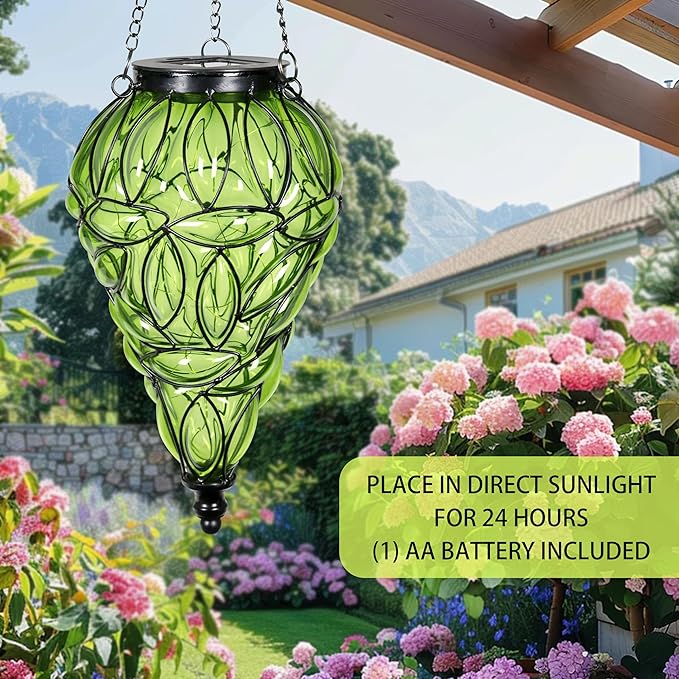 Naboher Solar Hanging Lantern Outdoor Garden Lights, Tear-Shaped Glass and Metal Hanging Lantern, 15 Firefly LED Lights, 7 x 24 Inch,(Green)