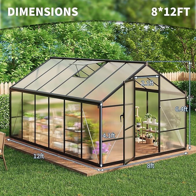 8X12FT Outdoor Greenhouse, Aluminum Polycarbonate House, Green Houses for Outside with Sliding Doors, Ajustable Roof Vent, Withstands Bad Weather for Garden, or Backyard, Black
