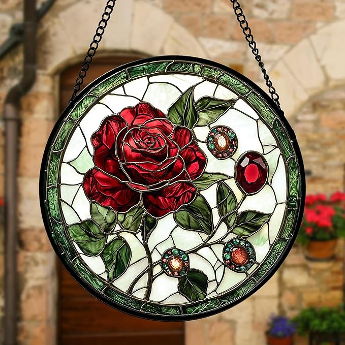 DASTOLL Stained Glass Window Hanging, Red Rose Gemstone Green Sun Catchers Diamond Glass Panel Hangings Suncatcher Decor for Birthday for Women, Men, Wife, Aunt, and Mom 6.3 in