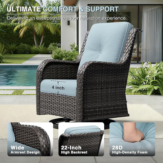 Joyside 3 Piece Wicker Patio Furniture Set, Outdoor Swivel Rocker Patio Chairs with High Back, Deep Seating, Wide Armrest, Thickened Cushions, Outdoor Furniture for Deck, Porch Use