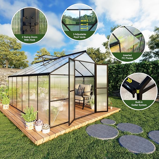8X16 FT Large Greenhouses, 6 FT Height Aluminum Walk in Greenhouse with 2 Roof Vent, Quick Setup Polycarbonate Greenhouse with Rain Gutter for Outdoor Backyard Garden, Black